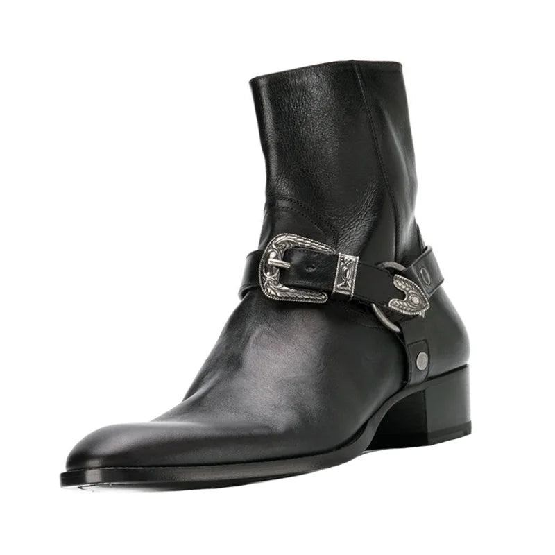 Herren-high-top-schuhe Stiefeletten Aus Echtem Leder Gothic-chelsea-stiefel Mit Reißverschluss Und Schnalle Spitzer Zehenbereich Erhöhte Zehenpartie - Schwarz