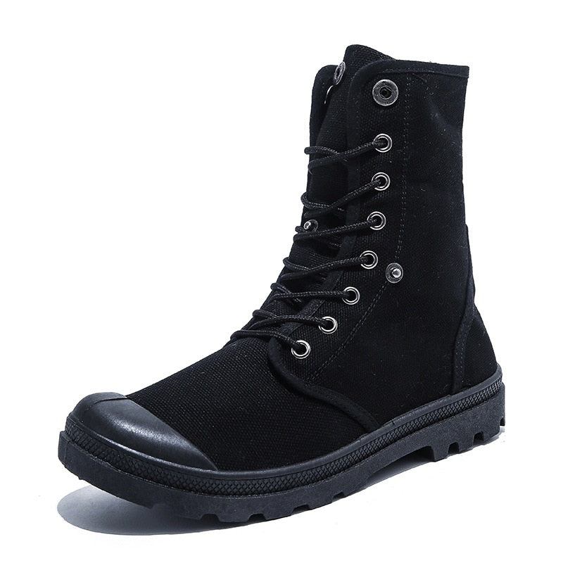 Herren Outdoor-schuhe Stiefel Mit Dicker Sohle High-top Canvas-schuhe Bördel-sneaker - Schwarz