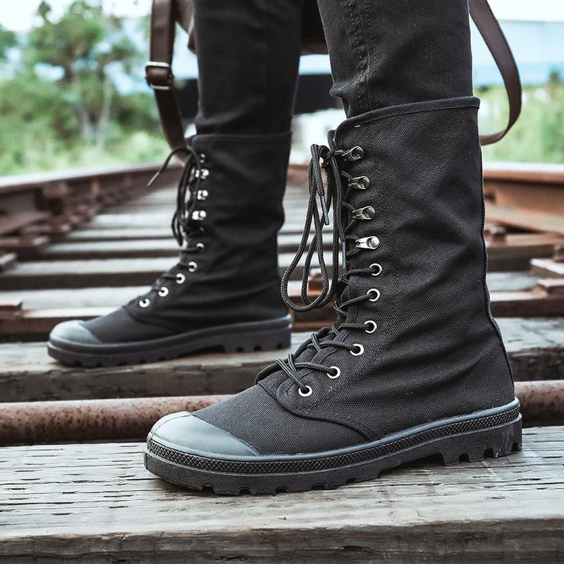 Herrenstiefel Für Frühling Und Herbst Hohe Passform Denim-canvas Outdoor-bergsteigerschuhe Für Herren - Schwarz