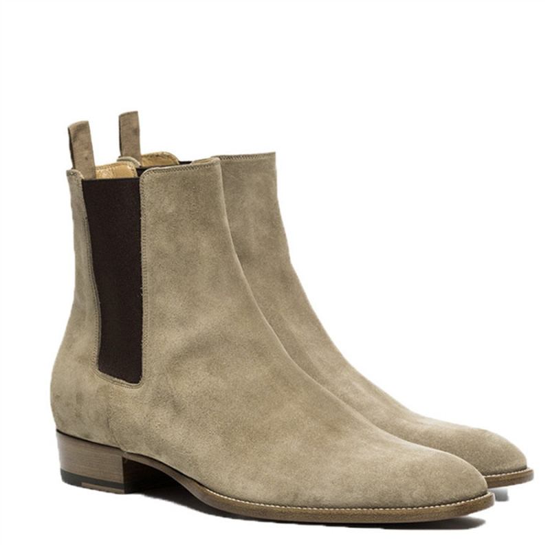 Junger Trend Einzigartiger Charme Keilabsatz Spitze Zehenpartie Handgefertigt Klassische Herrenstiefel Für Winter Und Herbst Luxuriöse Chelsea-stiefel - Khaki