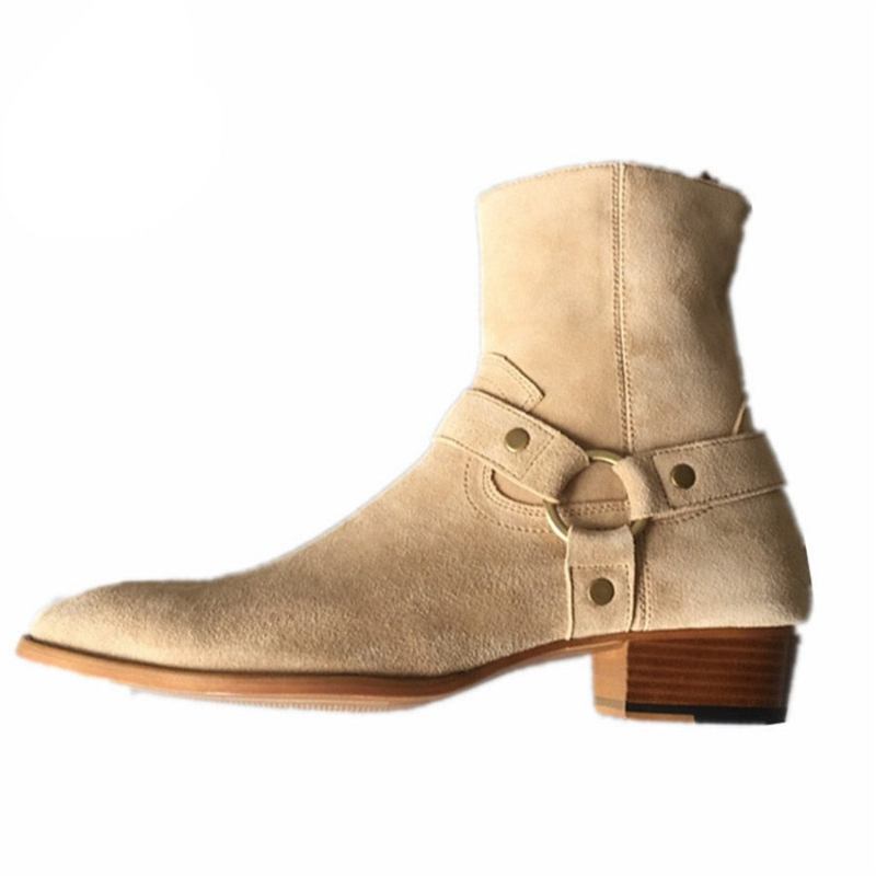 Klassischer Bequemer Keilabsatz Hochzeitsstiefel Chelsea-stiefel Aus Echtem Wildleder Handgefertigt - Khaki