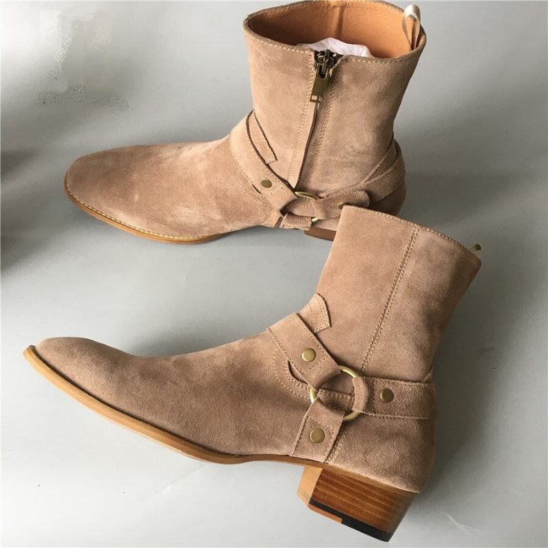 Klassischer Bequemer Keilabsatz Hochzeitsstiefel Chelsea-stiefel Aus Echtem Wildleder Handgefertigt - Khaki