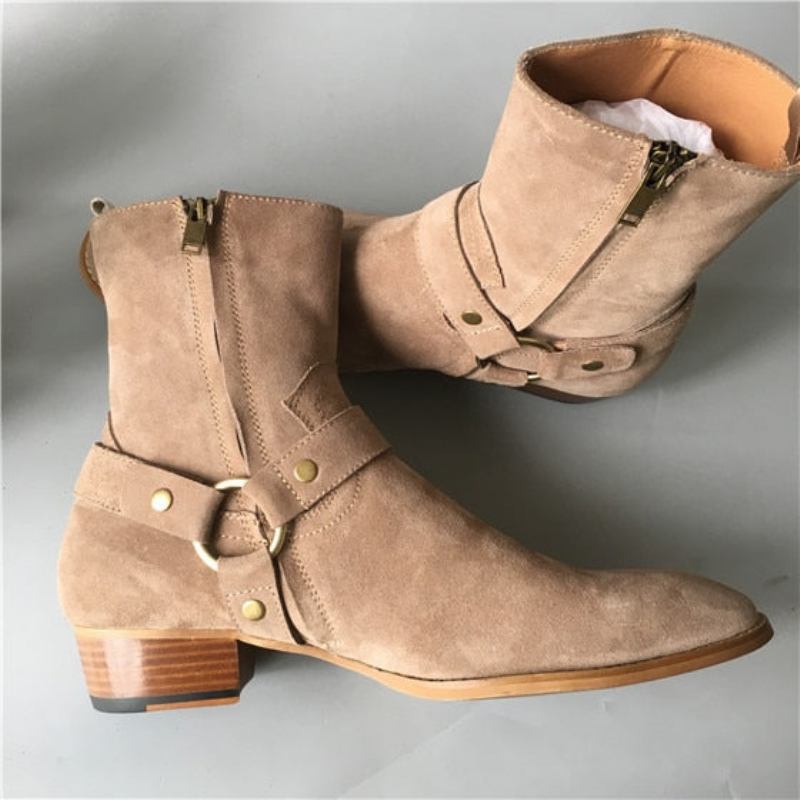 Klassischer Bequemer Keilabsatz Hochzeitsstiefel Chelsea-stiefel Aus Echtem Wildleder Handgefertigt - Khaki