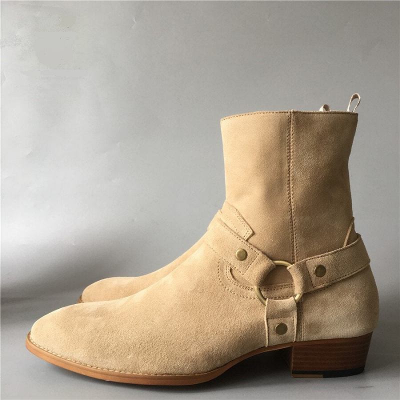 Klassischer Bequemer Keilabsatz Hochzeitsstiefel Chelsea-stiefel Aus Echtem Wildleder Handgefertigt - Khaki