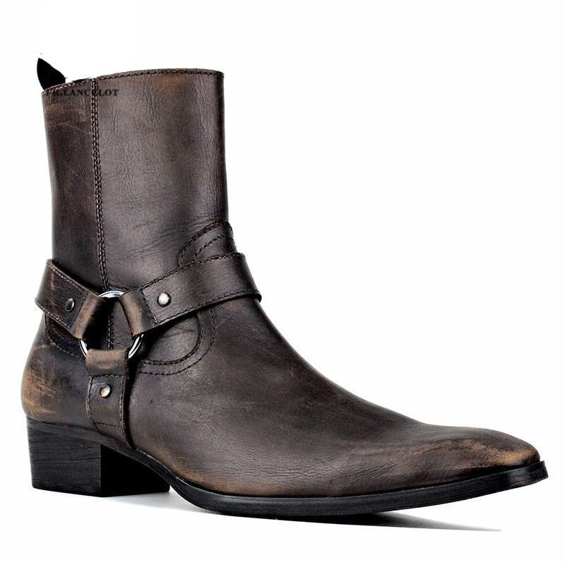 Luxus-retro-lederstiefel Für Herren Mit Spitzer Spitze Und Schnallenriemen - Kaffee