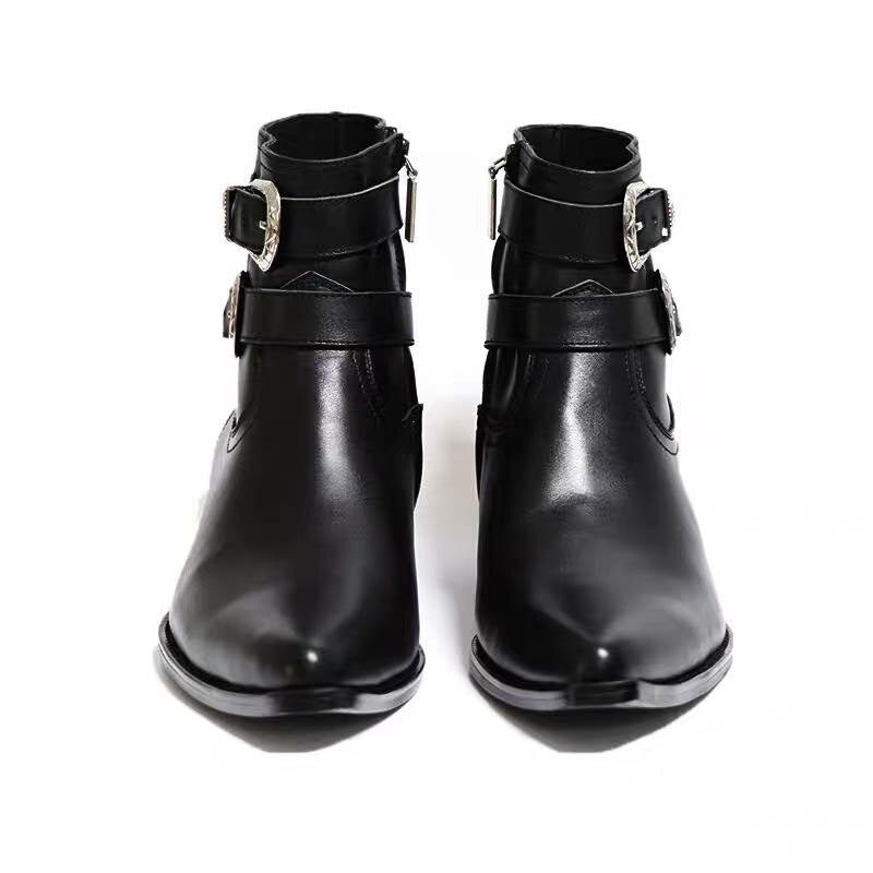 Metal Punk Doppelriemen Keilstiefel Luxusstiefel Aus Echtem Leder 5 cm Absatz Individuell Handgefertigt Slim Fit Chelsea-stiefel - Leder