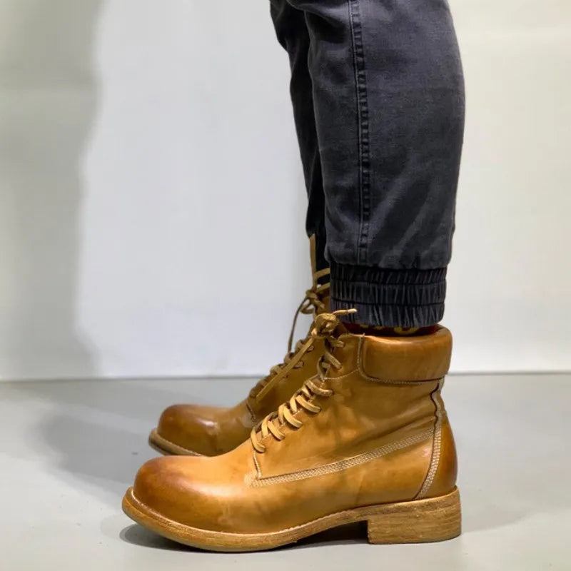 Retro-arbeitsstiefel Für Herren High-top-schuhe Aus Echtem Leder Handgefertigte Lässige Motorradstiefel - Braun