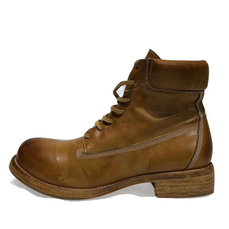 Retro-arbeitsstiefel Für Herren High-top-schuhe Aus Echtem Leder Handgefertigte Lässige Motorradstiefel - Braun