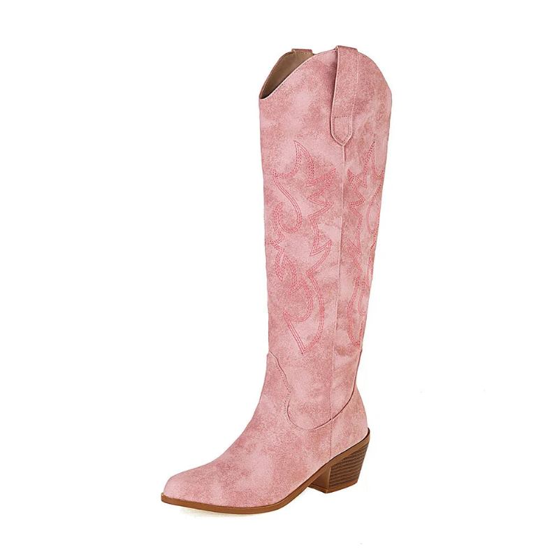 Retro-westernstiefel Für Damen Rosa Bestickte Spitze Zehenpartie Kniehohe Winterstiefel - Schwarz