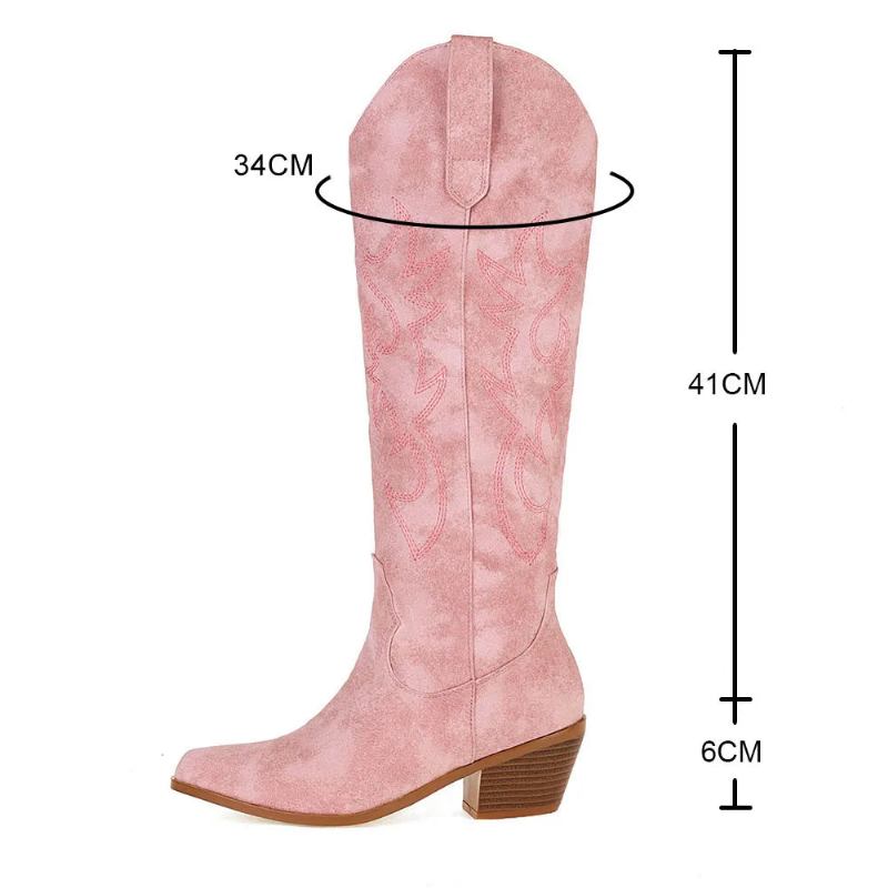 Retro-westernstiefel Für Damen Rosa Bestickte Spitze Zehenpartie Kniehohe Winterstiefel - Schwarz