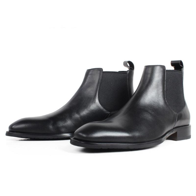 Schwarze Chelsea-stiefel Für Herren Mit Quadratischer Spitze Flach Zum Hineinschlüpfen Handgefertigte Lederstiefel Für Patina-schuh - Schwarz