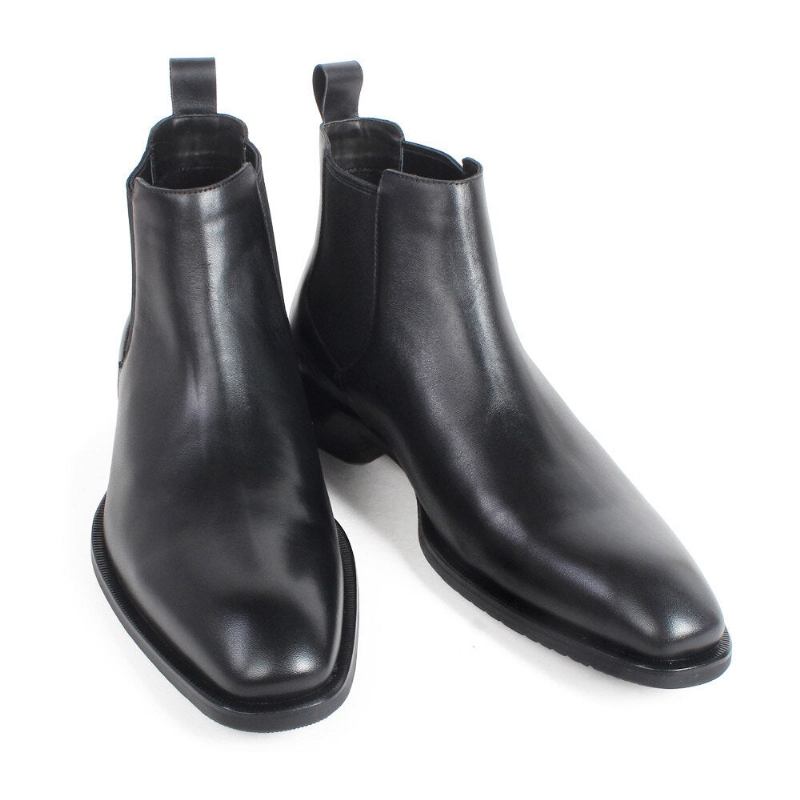 Schwarze Chelsea-stiefel Für Herren Mit Quadratischer Spitze Flach Zum Hineinschlüpfen Handgefertigte Lederstiefel Für Patina-schuh - Schwarz