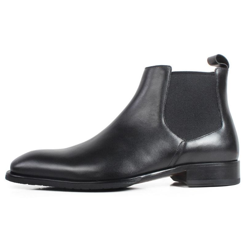 Schwarze Chelsea-stiefel Für Herren Mit Quadratischer Spitze Flach Zum Hineinschlüpfen Handgefertigte Lederstiefel Für Patina-schuh - Schwarz