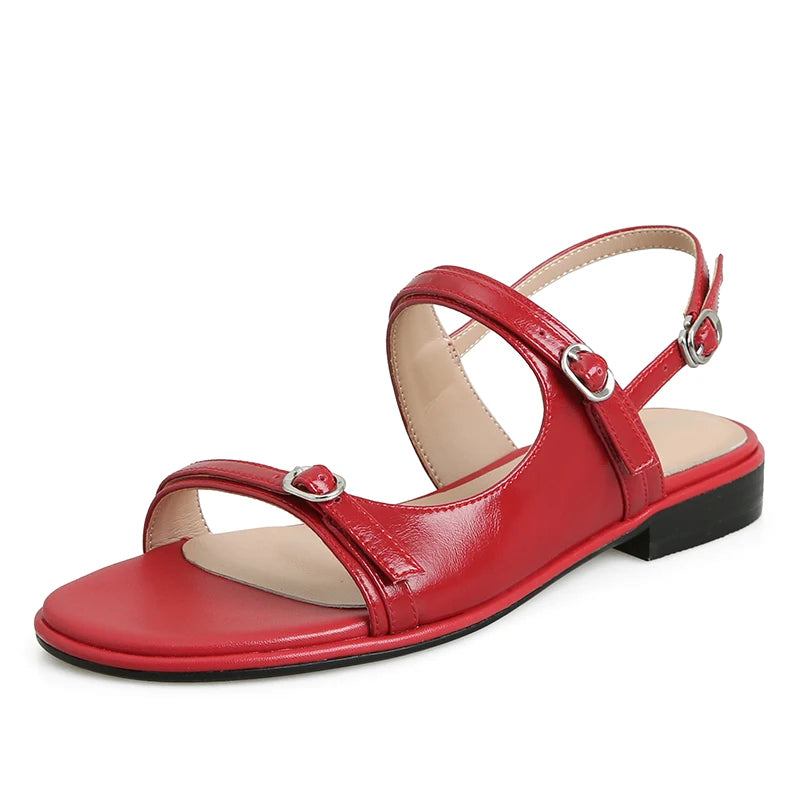 Damen-sandalen Flache Sandalen Echtes Leder Schnallenriemen Slingback Niedrige Absätze Sommer-strandschuhe Lässig - Rot