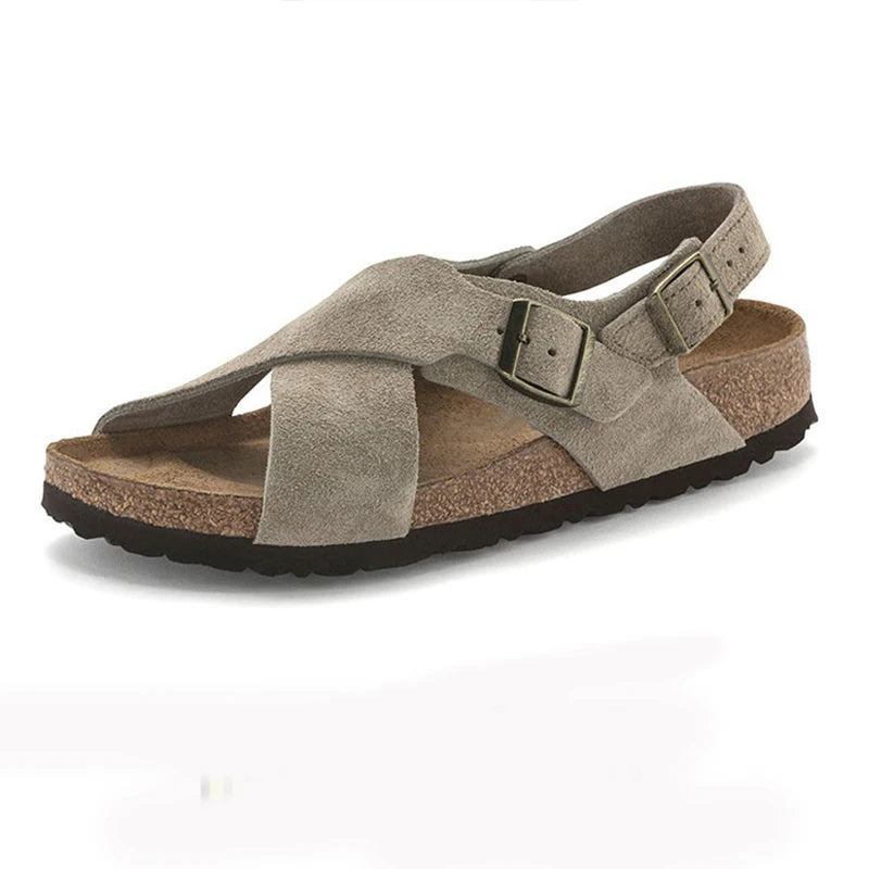 Damen-sandalen Flache Sandalen Leder Niedrige Absätze Sommerschuhe Ins Freizeit Urlaub - Elfenbein