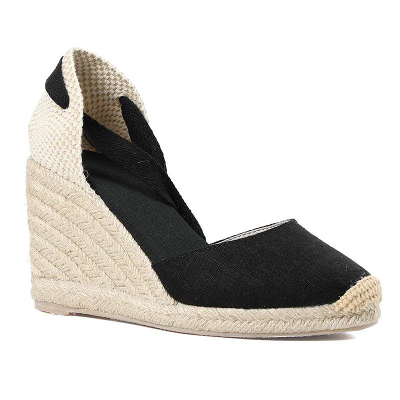 Damensandalen Sommer-espadrille-keilabsatz Geschlossene Zehenpartie Schnürschuh - 9cm schwarz