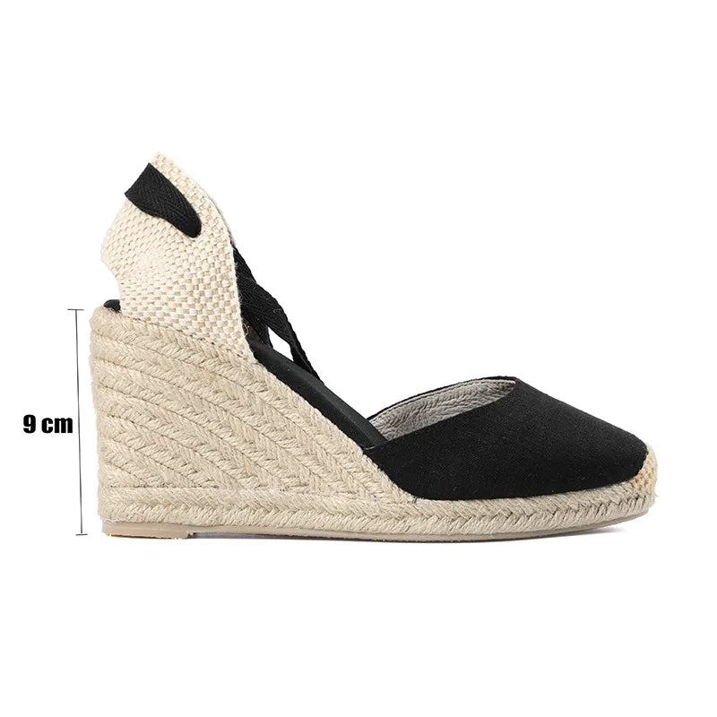 Damensandalen Sommer-espadrille-keilabsatz Geschlossene Zehenpartie Schnürschuh - 9cm schwarz