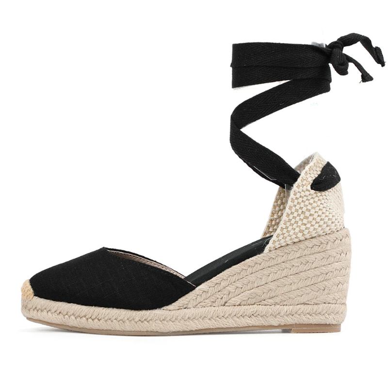 Damensandalen Sommer-espadrille-keilabsatz Geschlossene Zehenpartie Schnürschuh - 9cm schwarz