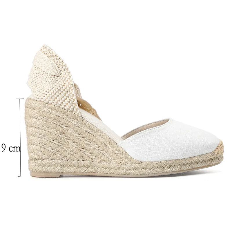 Damensandalen Sommer-espadrille-keilabsatz Geschlossene Zehenpartie Schnürschuh - 9cm schwarz