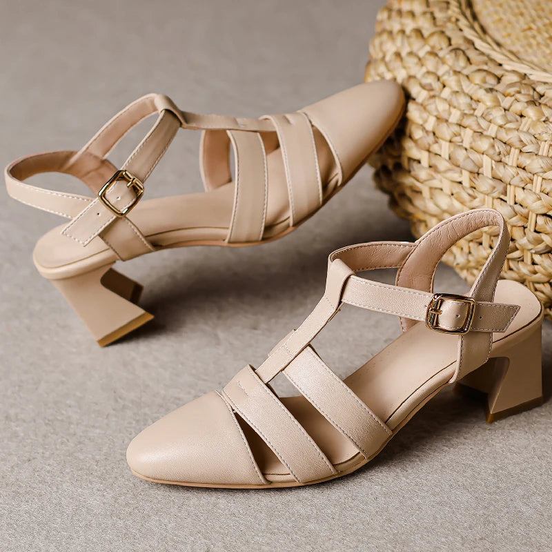 Damensandalen Sommerzehen Lässige Partyschuhe Mit Mittlerem Absatz Riemchen - Beige