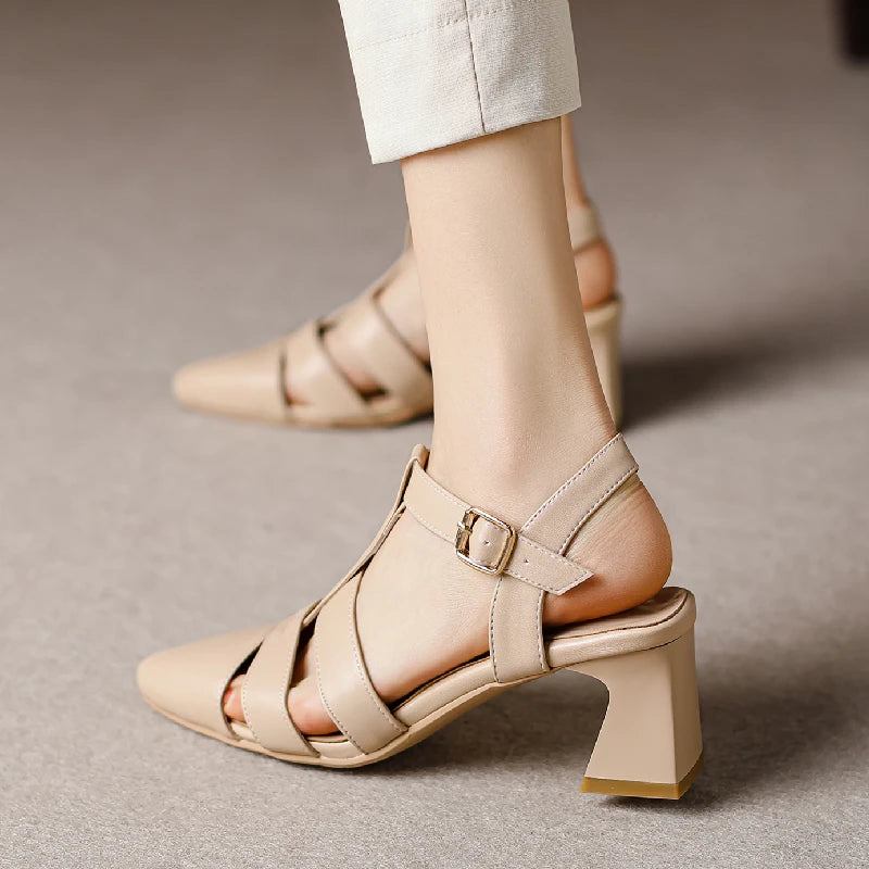 Damensandalen Sommerzehen Lässige Partyschuhe Mit Mittlerem Absatz Riemchen - Beige