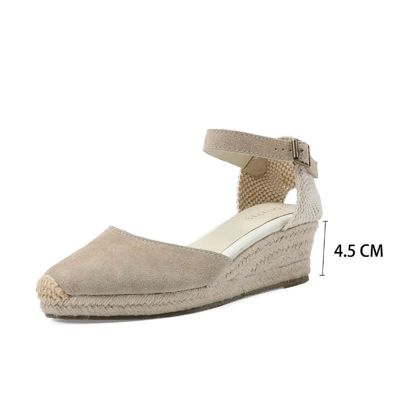 Echte Offene Einfarbige Sandalen Elastische Freizeitsandale Für Damen - 45CM beiges Leder