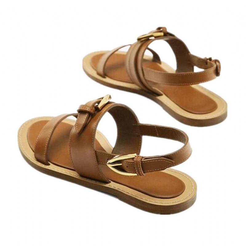 Französische Damensandalen Aus Echtem Leder Flache Sommersandalen Elegante Freizeitsandalen Für Damen - Braun