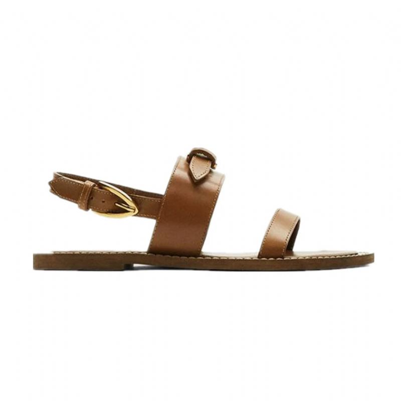 Französische Damensandalen Aus Echtem Leder Flache Sommersandalen Elegante Freizeitsandalen Für Damen - Braun