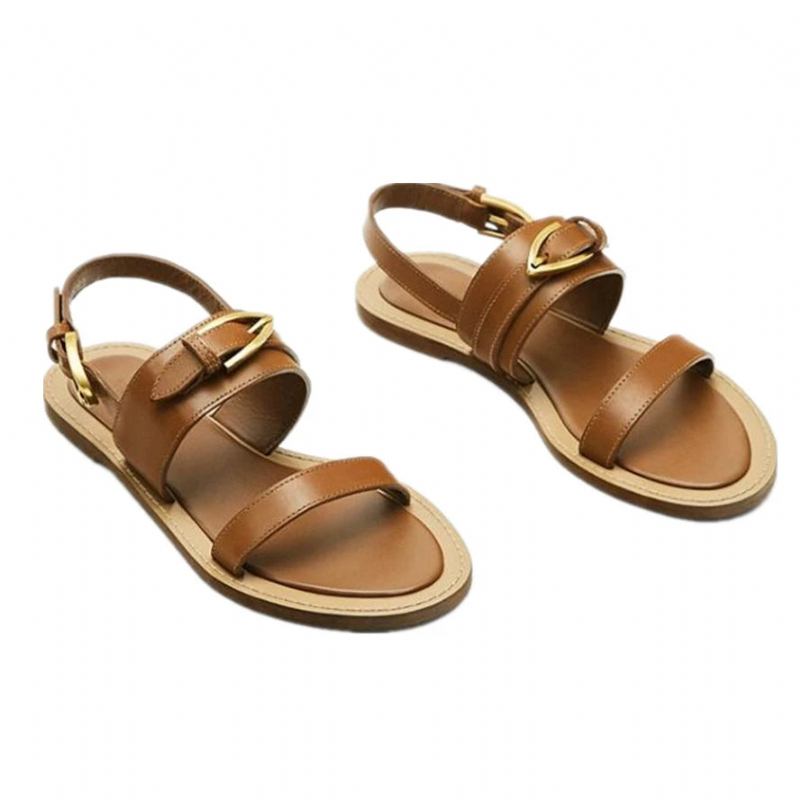 Französische Damensandalen Aus Echtem Leder Flache Sommersandalen Elegante Freizeitsandalen Für Damen - Braun