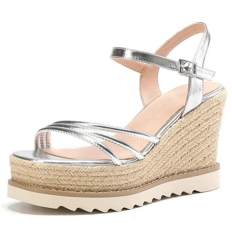 Freizeitsandalen Mit Schnalle Für Damen Sommerschuhe Mit Plateau Aus Synthetik Keilabsatz High Heels Sandalen - Silber