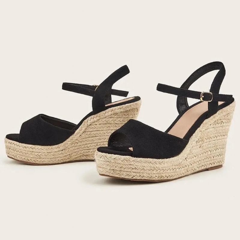 Frühling Sommer Strohsandalen Europäischer Stil Retro Keilabsatz Hohe Absätze Damen Einzelschuhe Eine Schnalle - Apricot