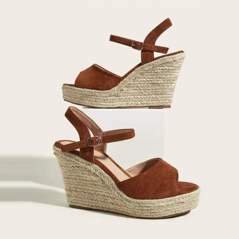 Frühling Sommer Strohsandalen Europäischer Stil Retro Keilabsatz Hohe Absätze Damen Einzelschuhe Eine Schnalle - Apricot