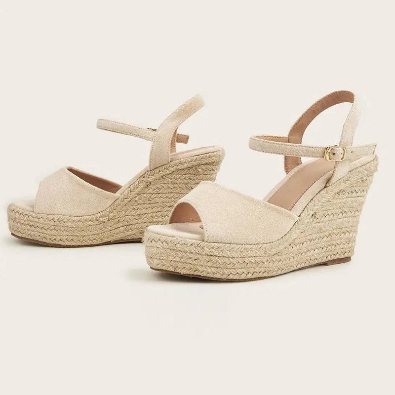 Frühling Sommer Strohsandalen Europäischer Stil Retro Keilabsatz Hohe Absätze Damen Einzelschuhe Eine Schnalle - Apricot