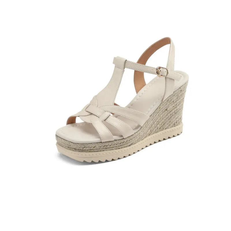 Plateau-sandalen Für Damen Keilabsatz High Heels Echtes Leder Lässige Outdoor-schuhe Für Sommer - Beige