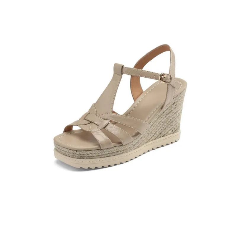 Plateau-sandalen Für Damen Keilabsatz High Heels Echtes Leder Lässige Outdoor-schuhe Für Sommer - Beige