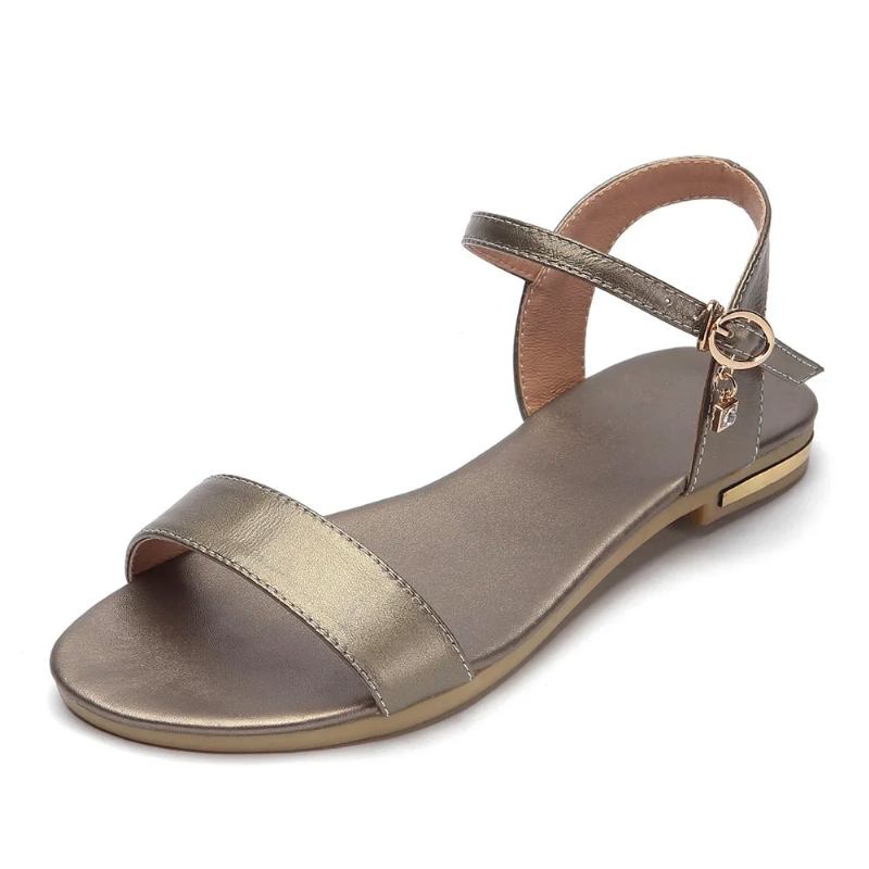 Sandalen Aus Echtem Leder Für Damen Strass Flache Für Den Sommer Freizeitschuhe Für - champagner