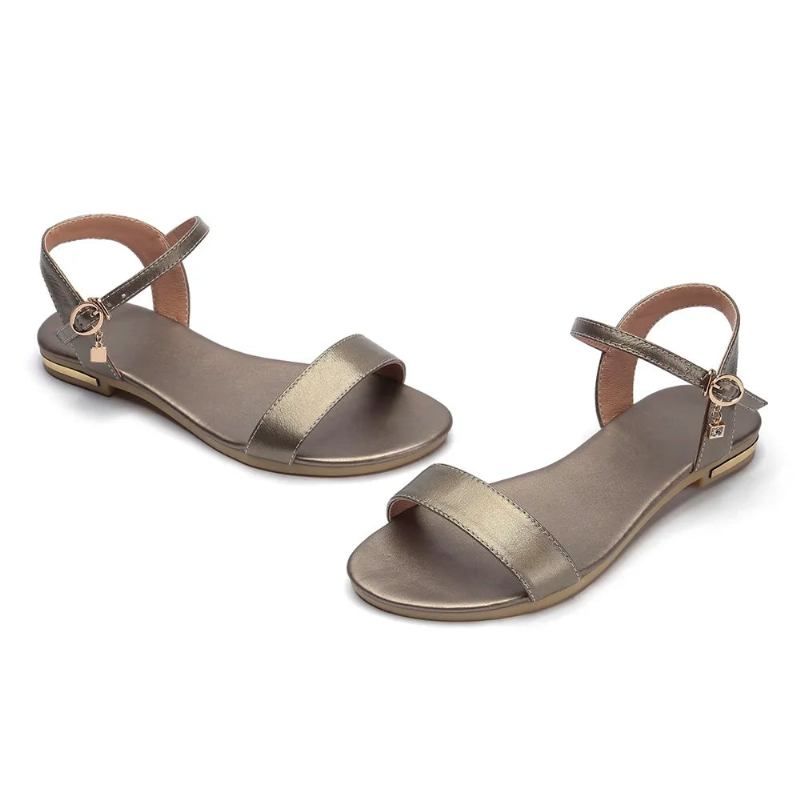 Sandalen Aus Echtem Leder Für Damen Strass Flache Für Den Sommer Freizeitschuhe Für - champagner