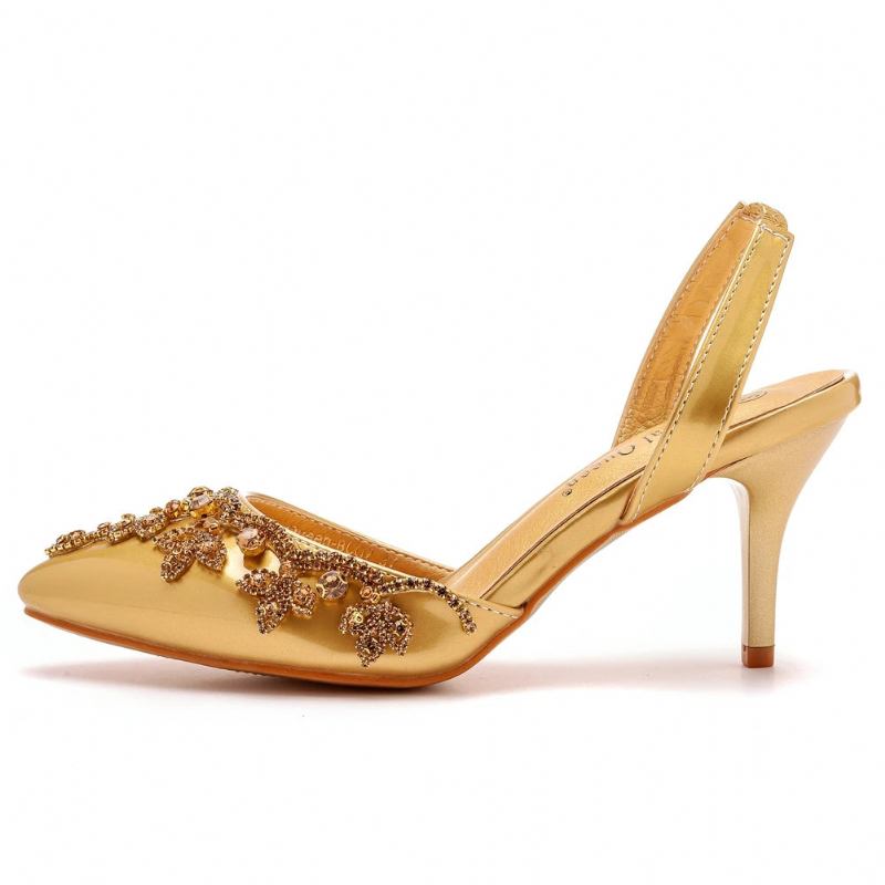 Sandalen Bankettkleid Sexy Braut Hochzeitsschuhe Goldene Sommerschuhe Für Damen Spitz Flache Öffnung Stiletto Hoch Absätze - Gold