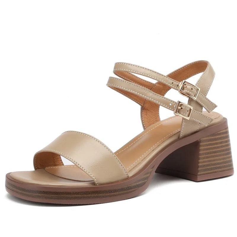 Sommersandalen Aus Leder Für Damen Im Britischen Stil Plateauschuhe Mit Schnalle Quadratische High Heels - Beige