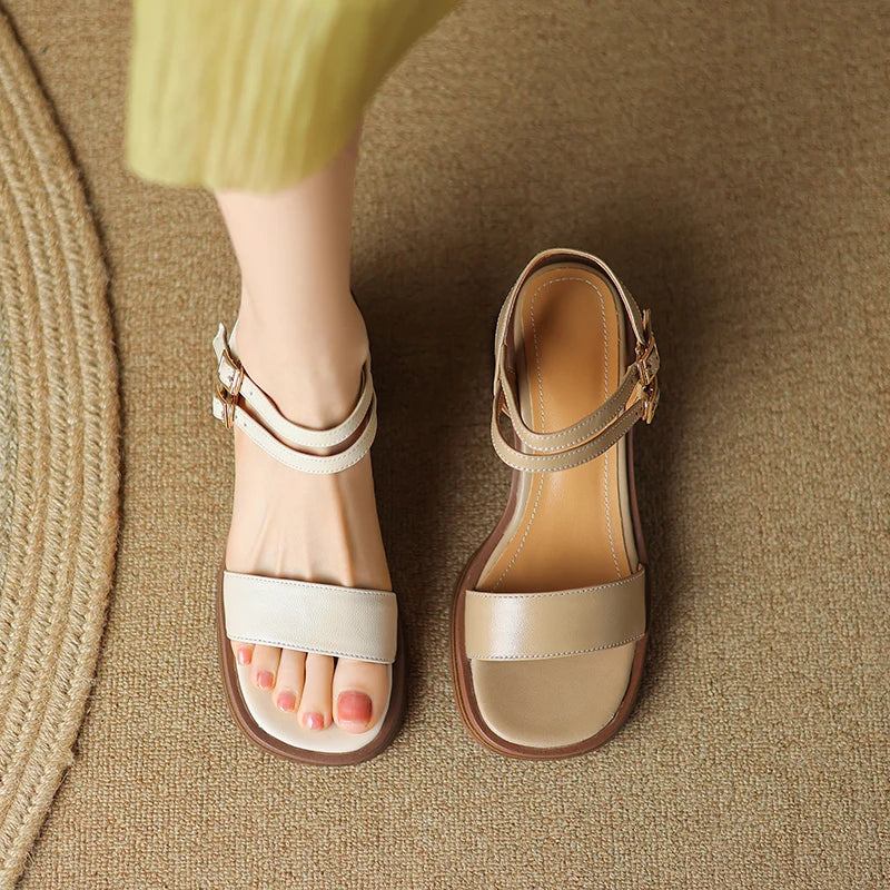 Sommersandalen Aus Leder Für Damen Im Britischen Stil Plateauschuhe Mit Schnalle Quadratische High Heels - Beige