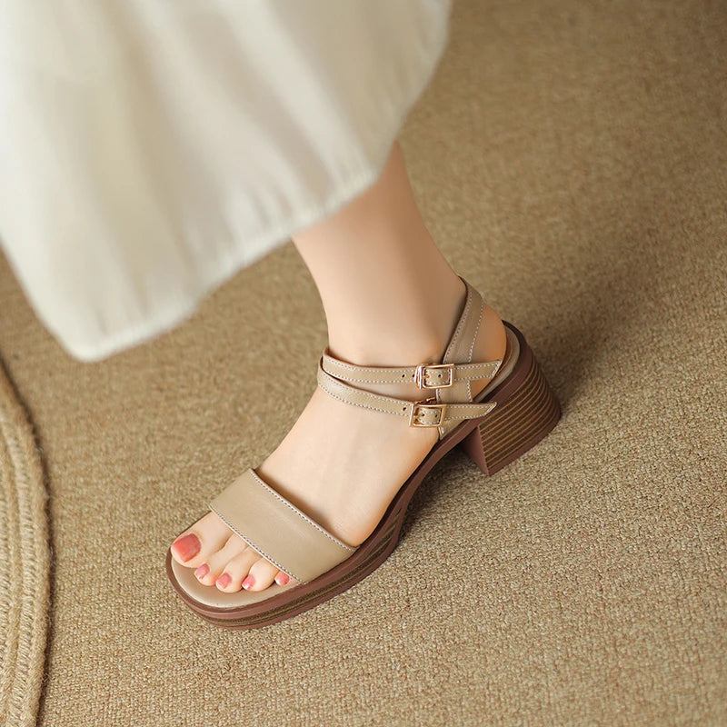 Sommersandalen Aus Leder Für Damen Im Britischen Stil Plateauschuhe Mit Schnalle Quadratische High Heels - Beige