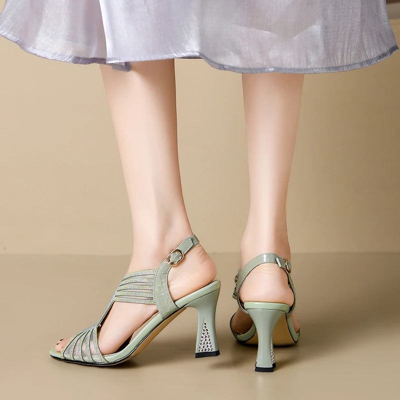 Sommerschuhe Peep-toe-sandalen Für Damen Schnalle Dicke High Heels - Beige