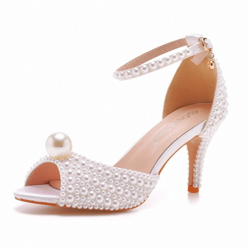 Weiße Perlensandalen Für Damen Offene Zehenpartie High Heels Luxuriöse Hochzeitsschuhe Bankettkleid - Weiß