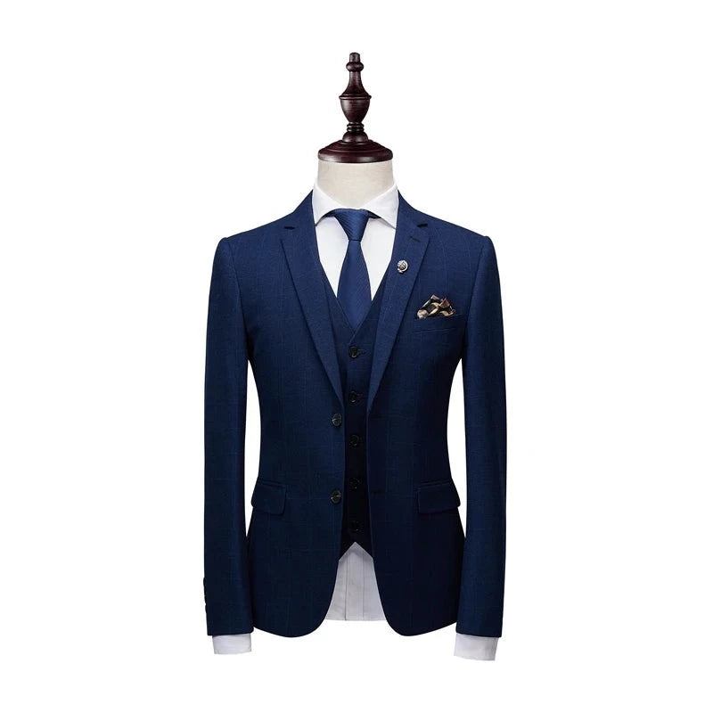 Anzugjacke Hose Weste Herren Business Slim Anzüge Sets Hochzeitskleid Karierte Abendgarderobe - Blau