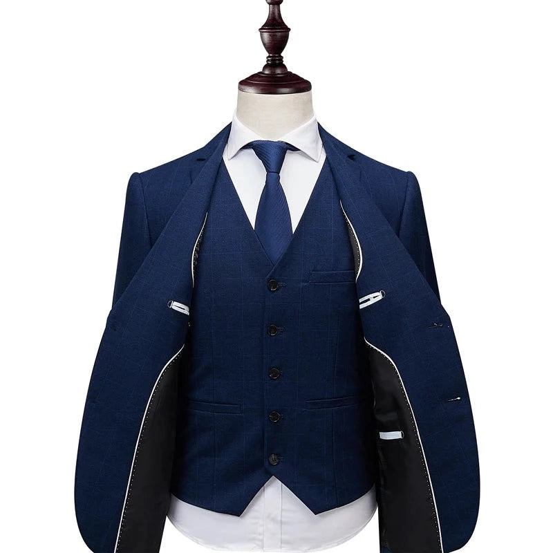 Anzugjacke Hose Weste Herren Business Slim Anzüge Sets Hochzeitskleid Karierte Abendgarderobe - Blau