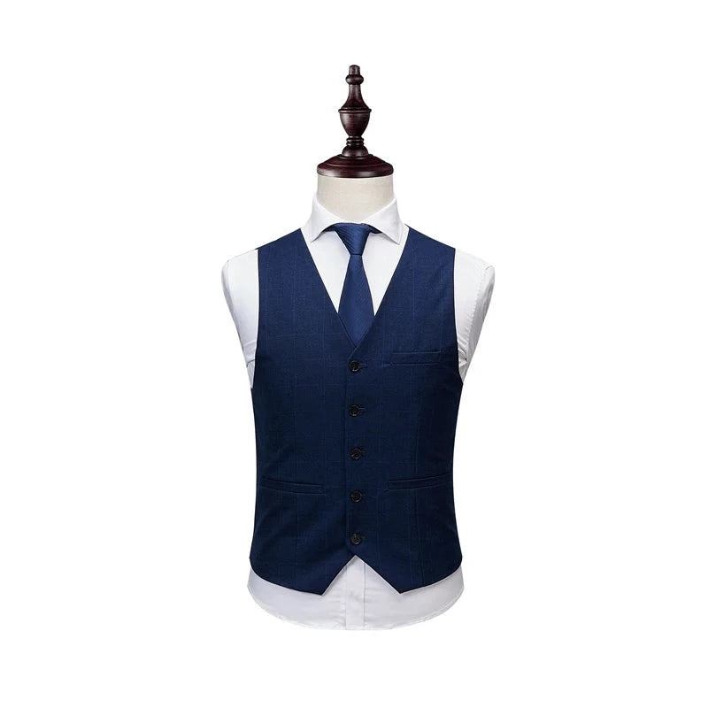 Anzugjacke Hose Weste Herren Business Slim Anzüge Sets Hochzeitskleid Karierte Abendgarderobe - Blau