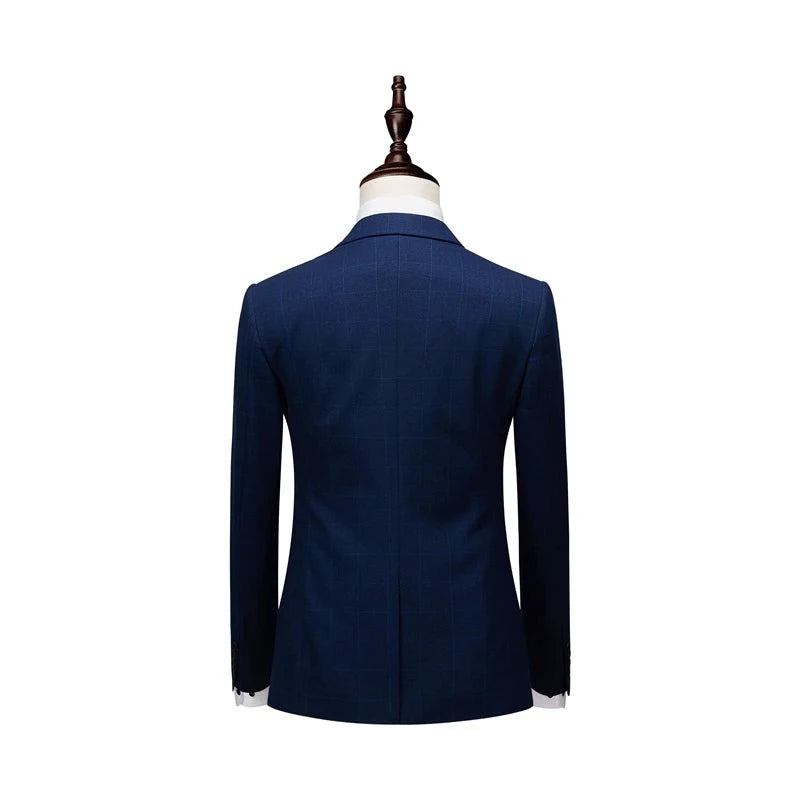 Anzugjacke Hose Weste Herren Business Slim Anzüge Sets Hochzeitskleid Karierte Abendgarderobe - Blau