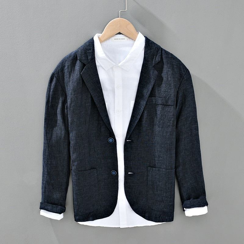 Casual Blazer Herren Solid All-match Anzugjacken Reines Leinen Atmungsaktiv Umlegekragen Oberbekleidung Mantel - Blau