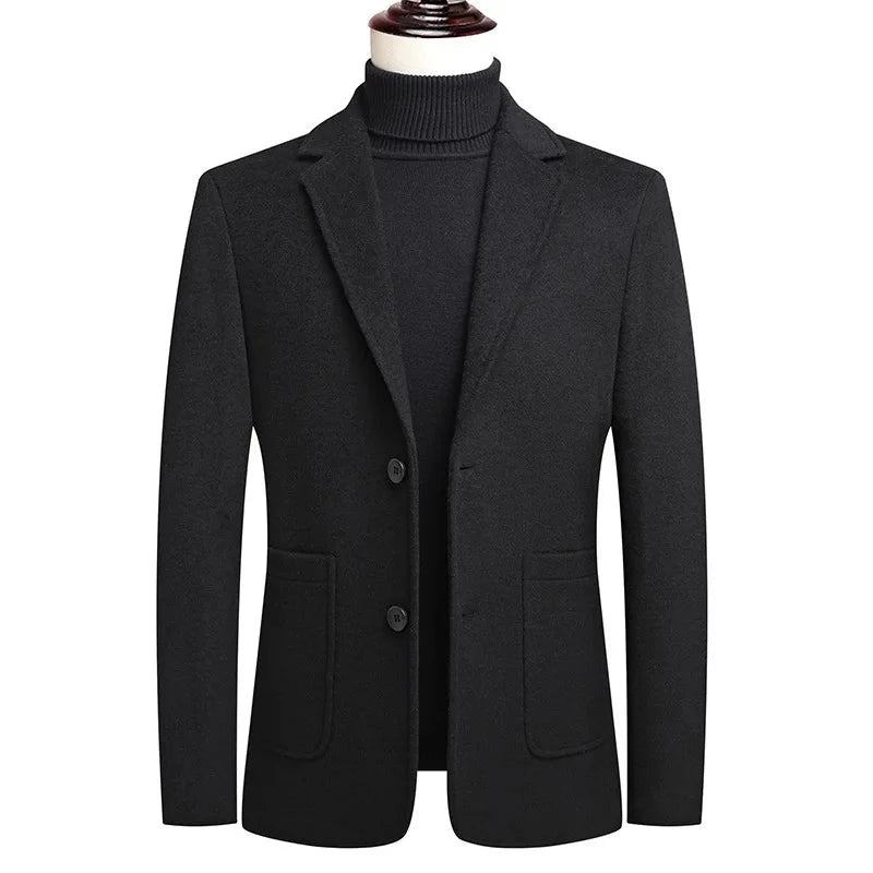 Frühling Und Herbst Herren Blazer Jacke Mittleres Alter Business Casual Zweireihig Männer Massiv Wollanzug Mäntel - Schwarz