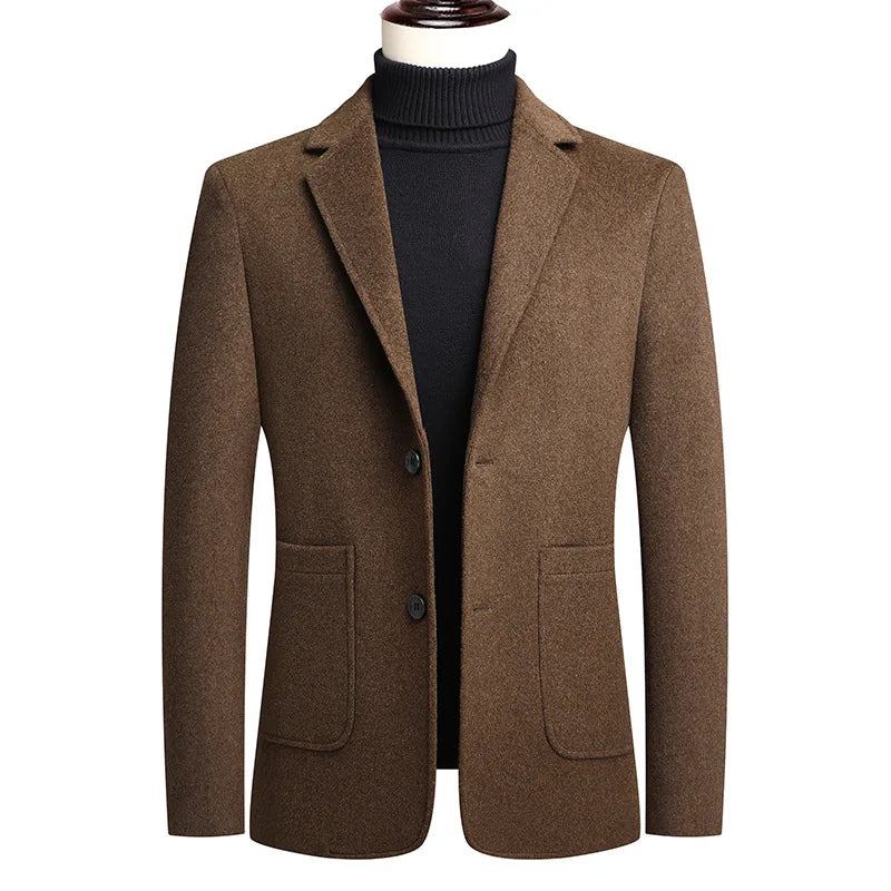 Frühling Und Herbst Herren Blazer Jacke Mittleres Alter Business Casual Zweireihig Männer Massiv Wollanzug Mäntel - Schwarz